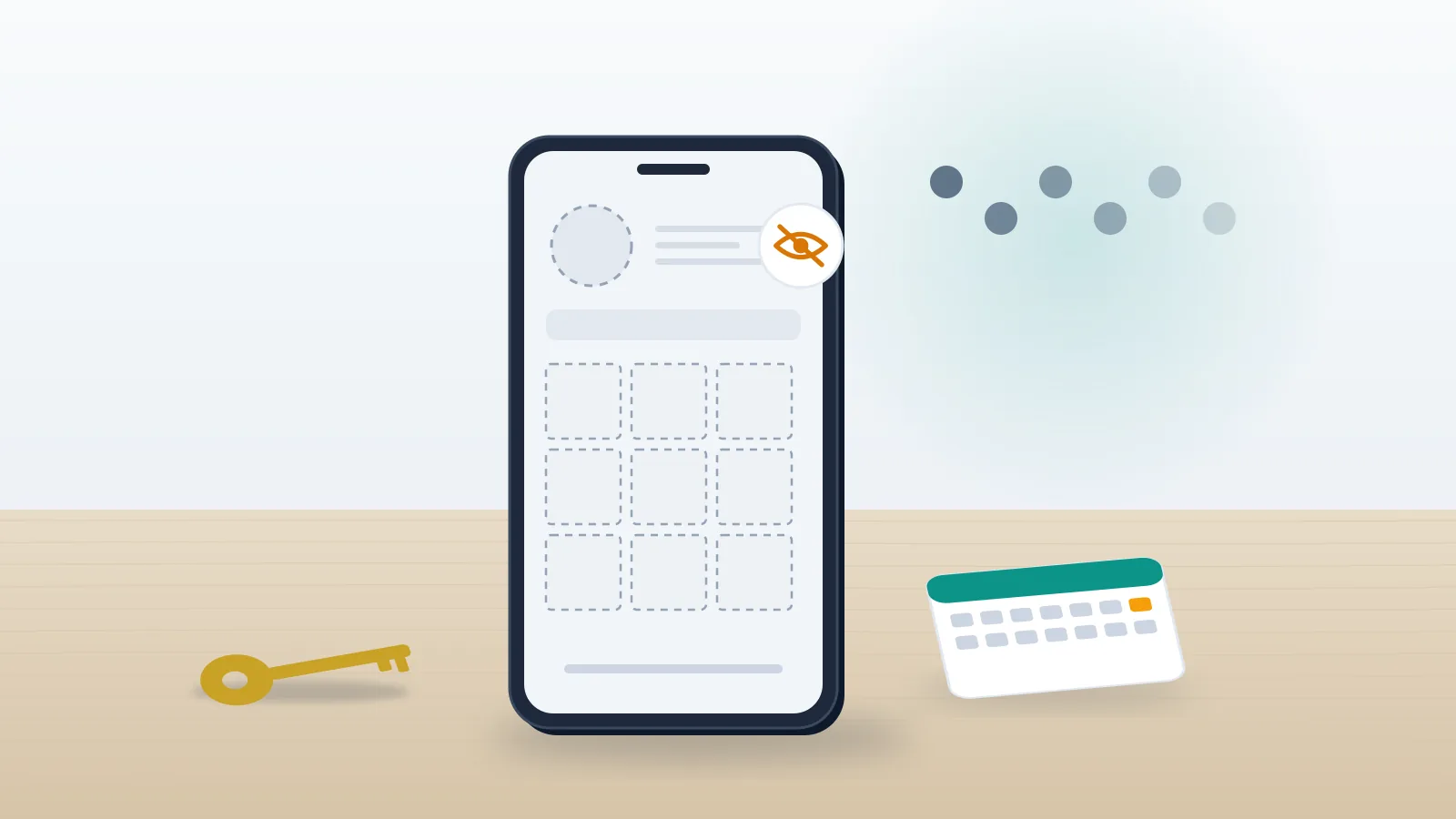 A phone on a desk showing an empty, greyed-out profile grid, the way an account deactivated on Instagram looks to others.