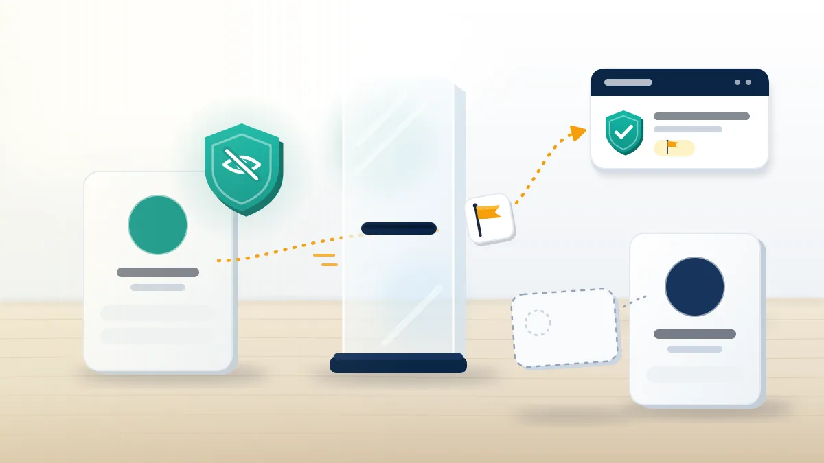 Two profile cards split by a frosted panel and a shield, illustrating whether Telegram reports are anonymous to the person reported.