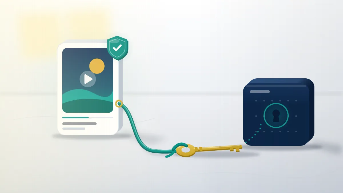 Clip card with a teal ownership shield and a licence key passed to the platform, answering are TikTok videos copyrighted.