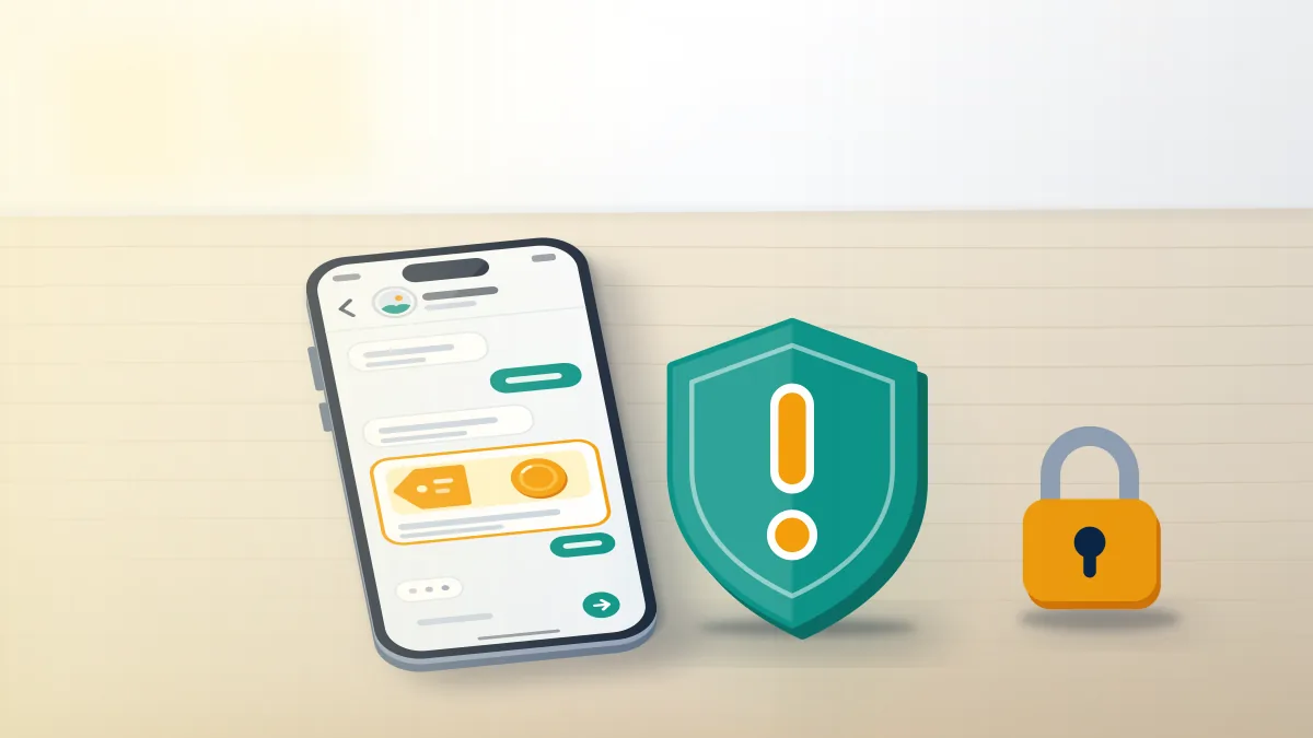 Phone chat offering available Instagram handles for a price, with a teal shield and warning sign marking the scam risk.