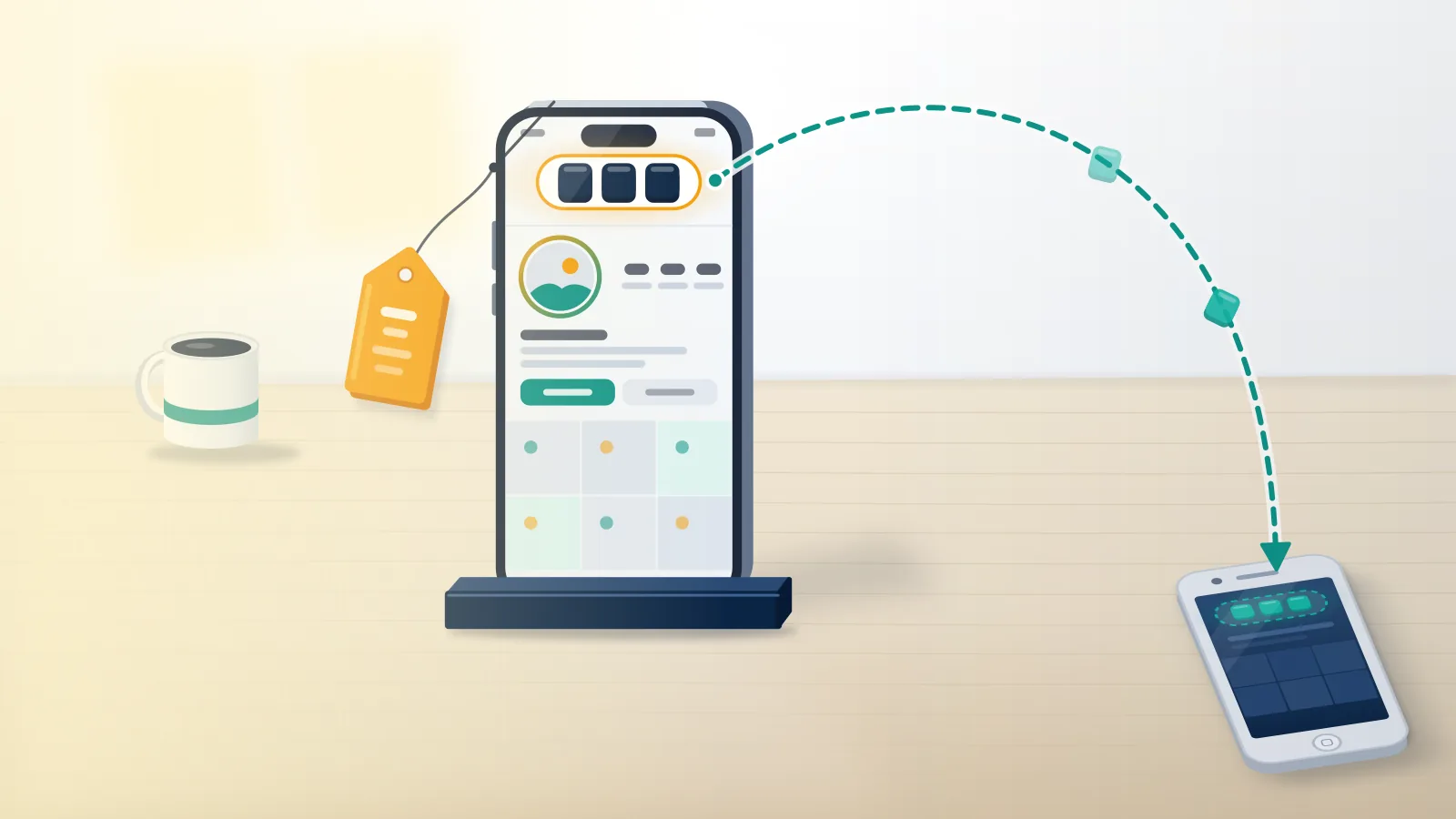 A phone shows a short handle with an amber price tag as a dashed arrow carries it back to the seller's old phone after a buy ig handle deal.