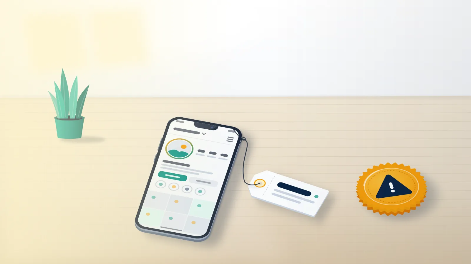 Phone with a hanging price tag and an amber warning seal on an oak desk, the hidden risk when you buy IG username offers.
