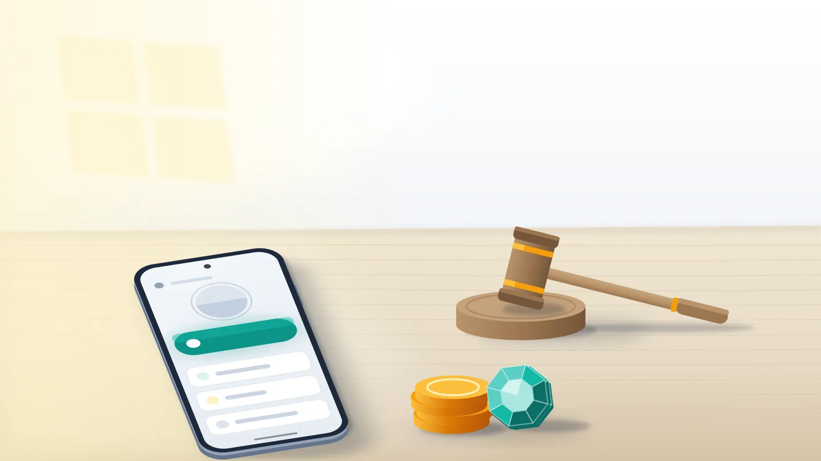 Phone with a blank handle beside an auction gavel and coins, the setup people picture when they buy Telegram usernames.