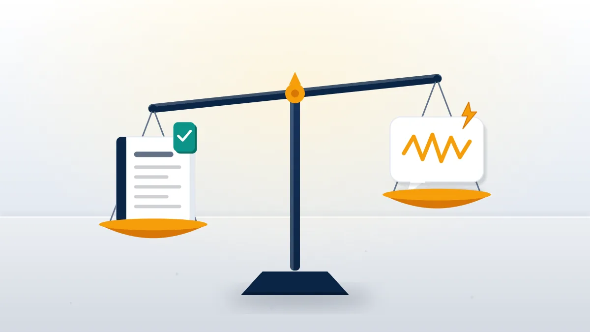 Balance scale weighing a rulebook against a rude speech bubble, a picture of how to remove offensive posts from Facebook by rule.