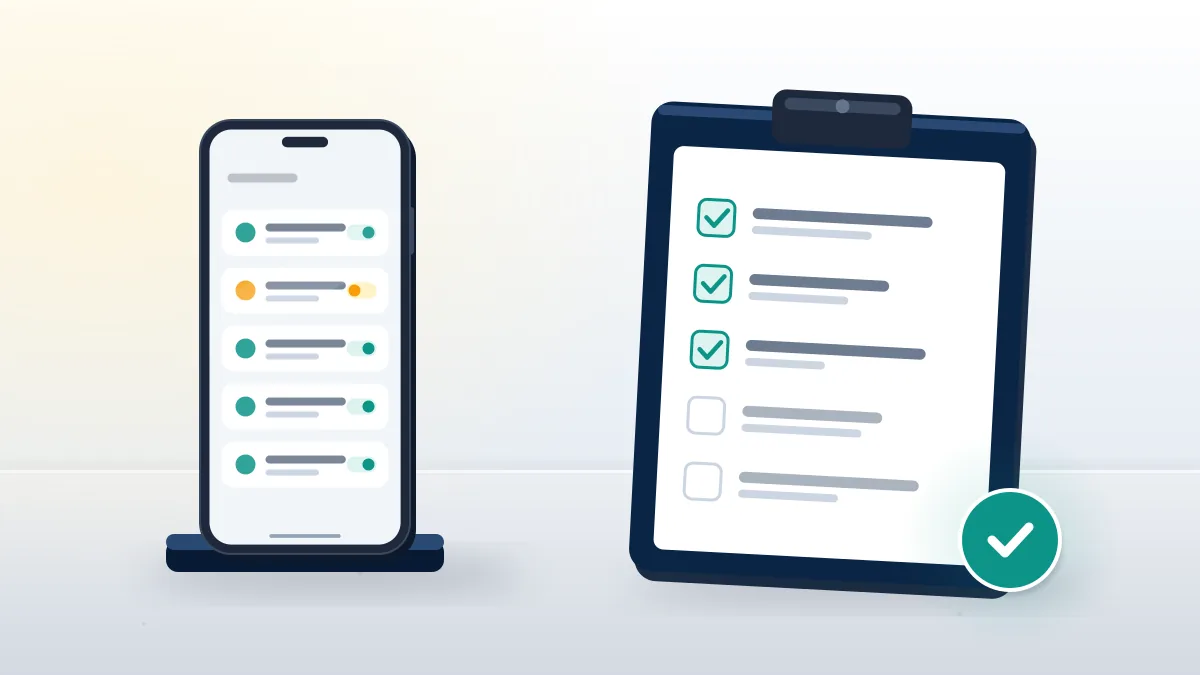 Phone beside a checklist clipboard with a teal check, reviewing Account Status as part of how to not get suspended on instagram.
