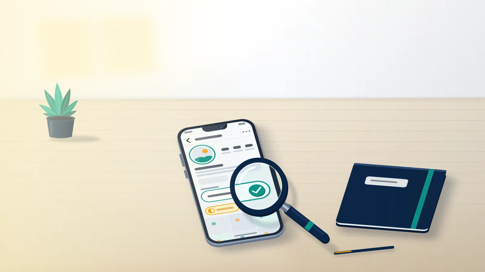Phone on a desk with a blank handle field and a magnifier, showing how an instagram username checker reads a name.