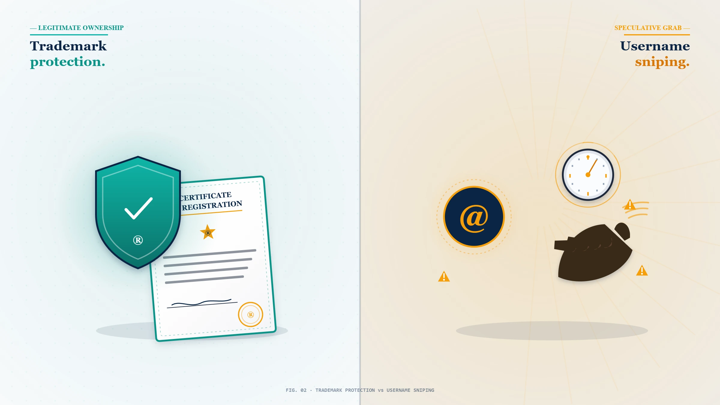 Side-by-side concept illustration contrasting a legitimate trademark-based Instagram username claim with username sniping gray-area tactics.