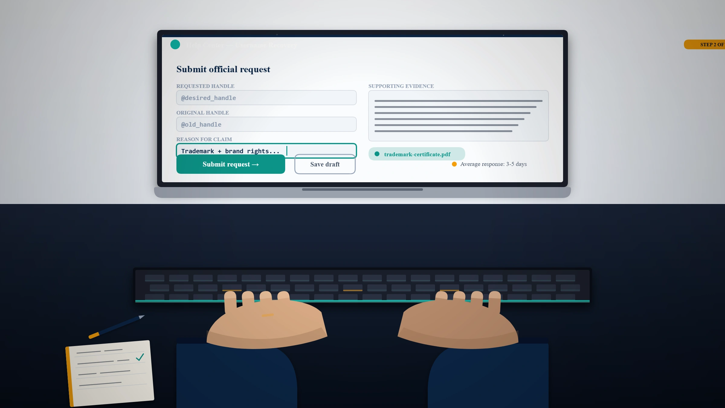 Hands submitting an official X help-center request to claim a suspended Twitter username through the proper appeal channel.