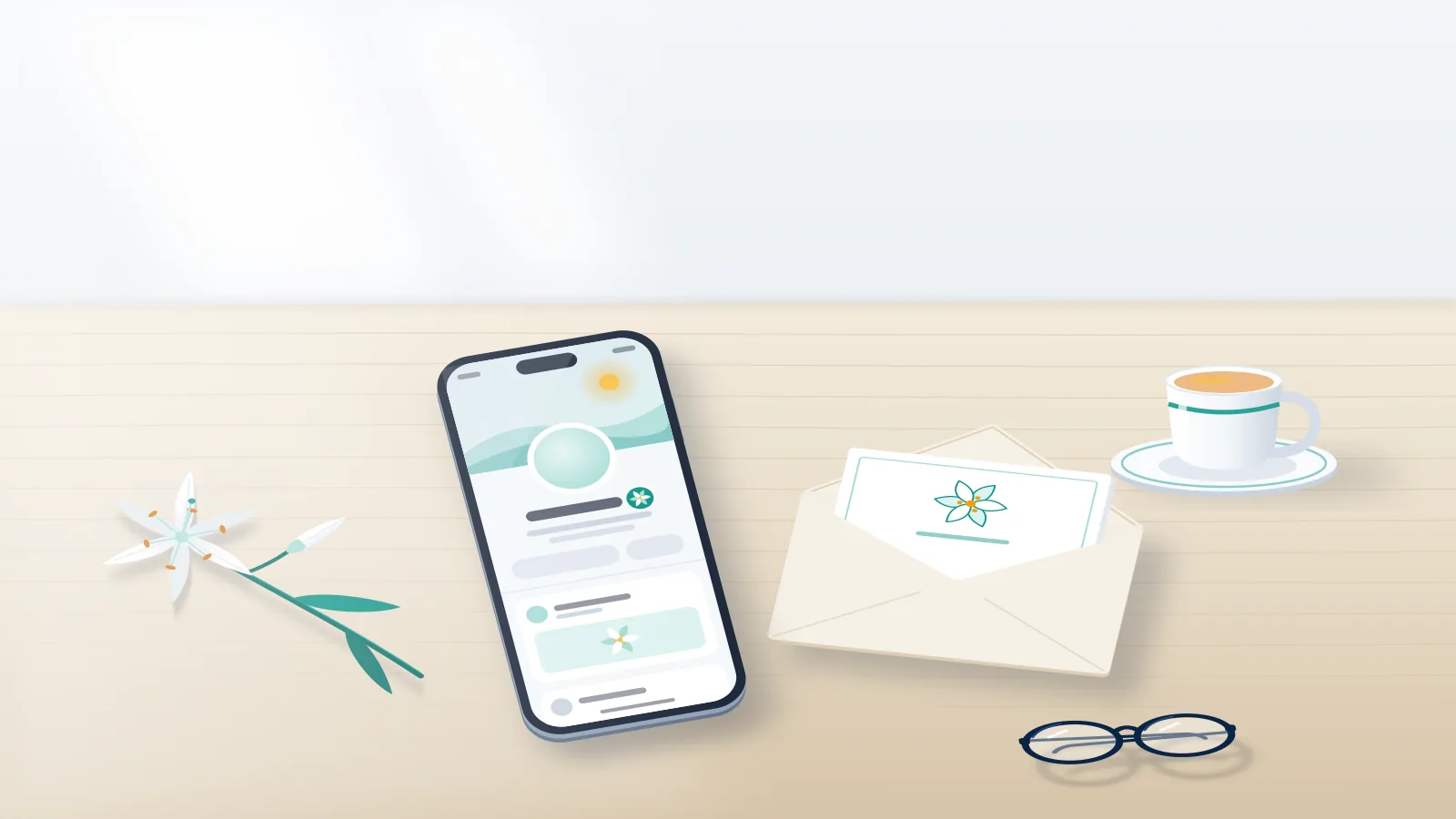 Phone showing a profile with a lily emblem beside a sympathy card, the first look at how to close a Facebook account when someone dies.