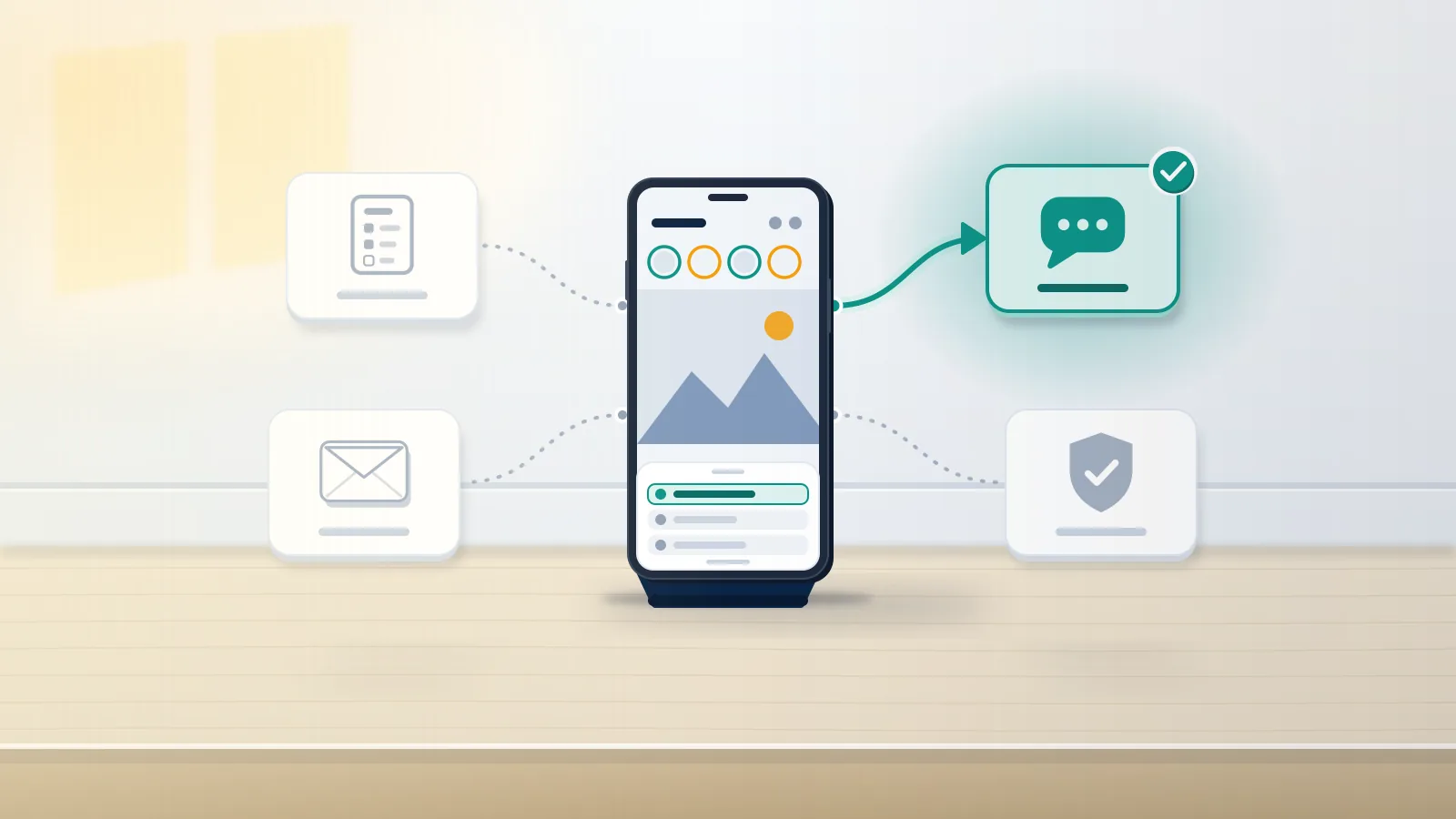 Smartphone on a desk with chat, form, envelope and shield cards around it; only one route to contact IG support is lit.