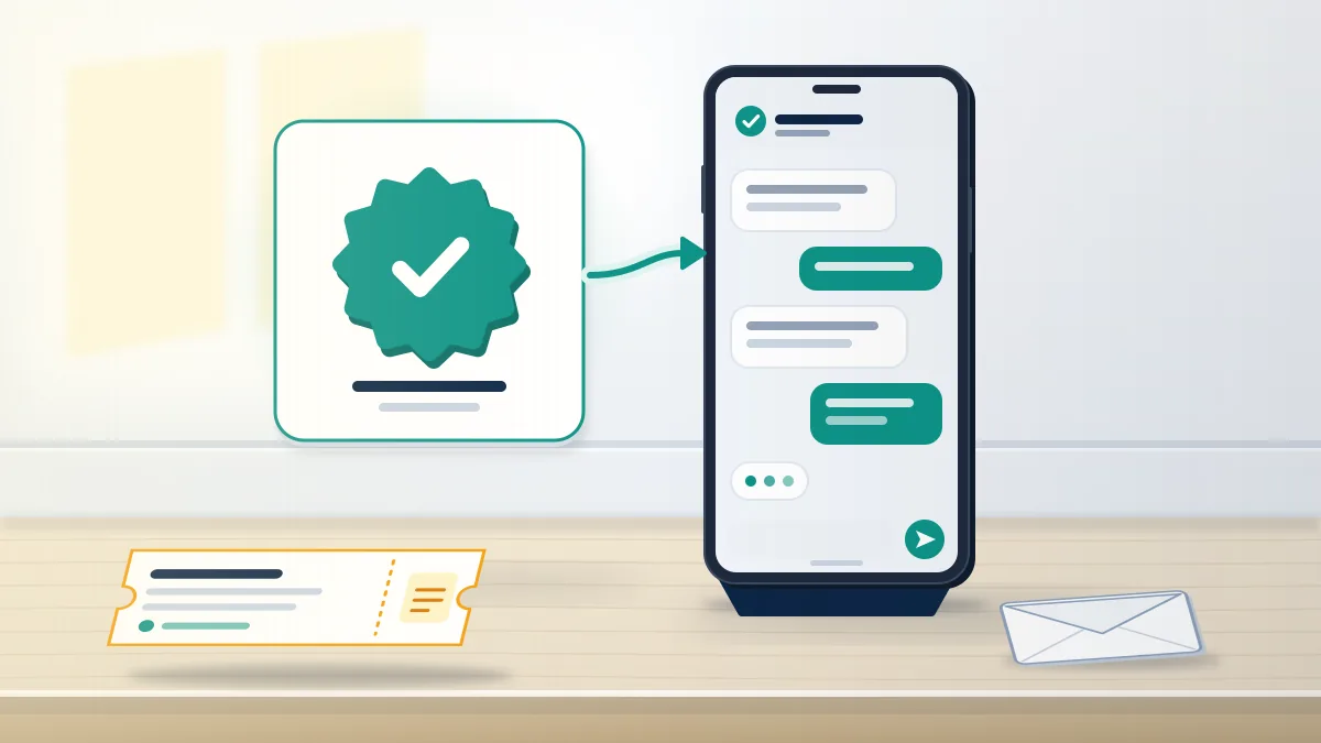Phone chat thread next to a teal verified badge and case ticket: the paid route to contact Instagram support with a human agent.