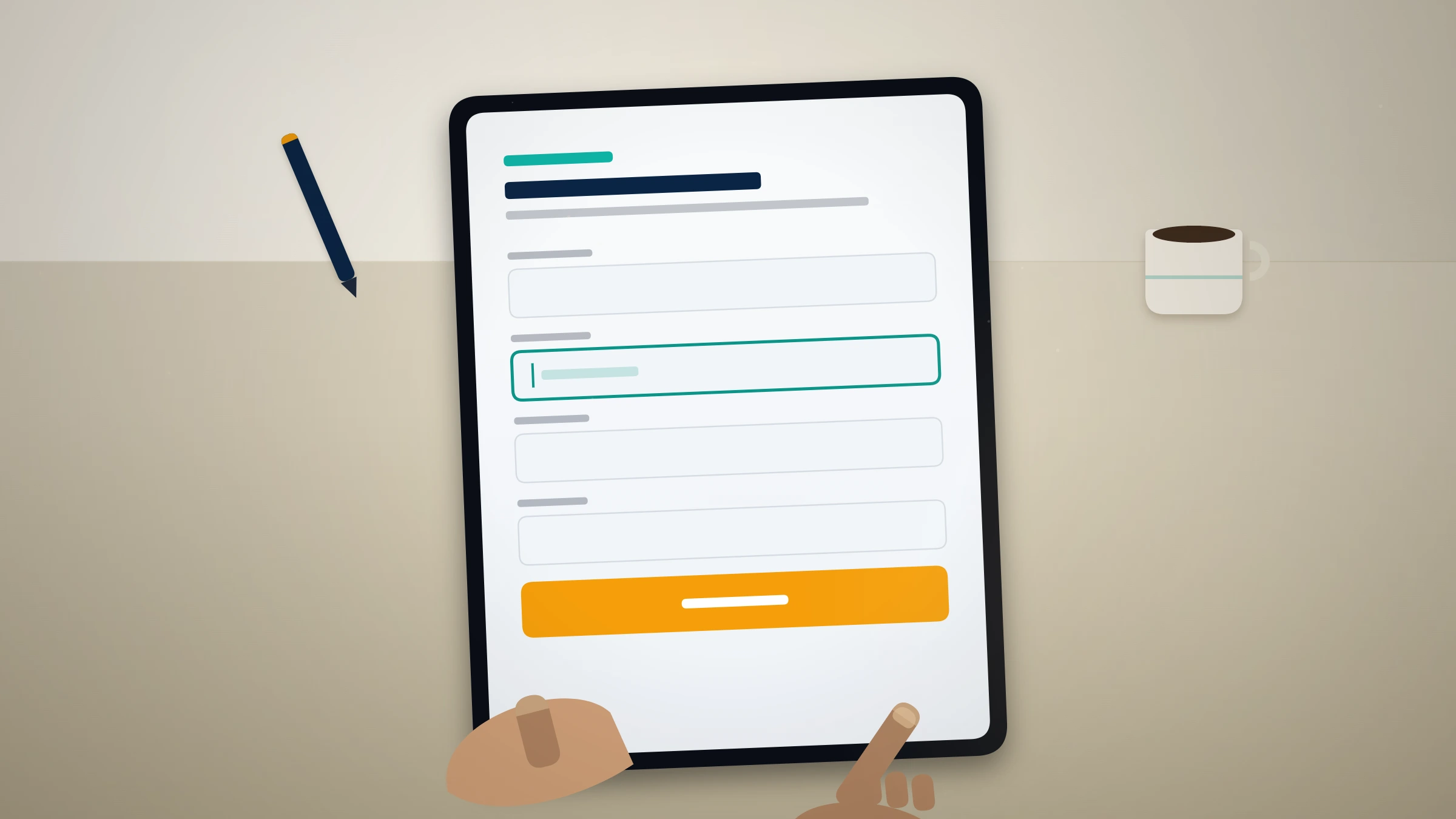 Close-up of hands filling a recovery form on a tablet, the step taken to contact YouTube to recover an account.