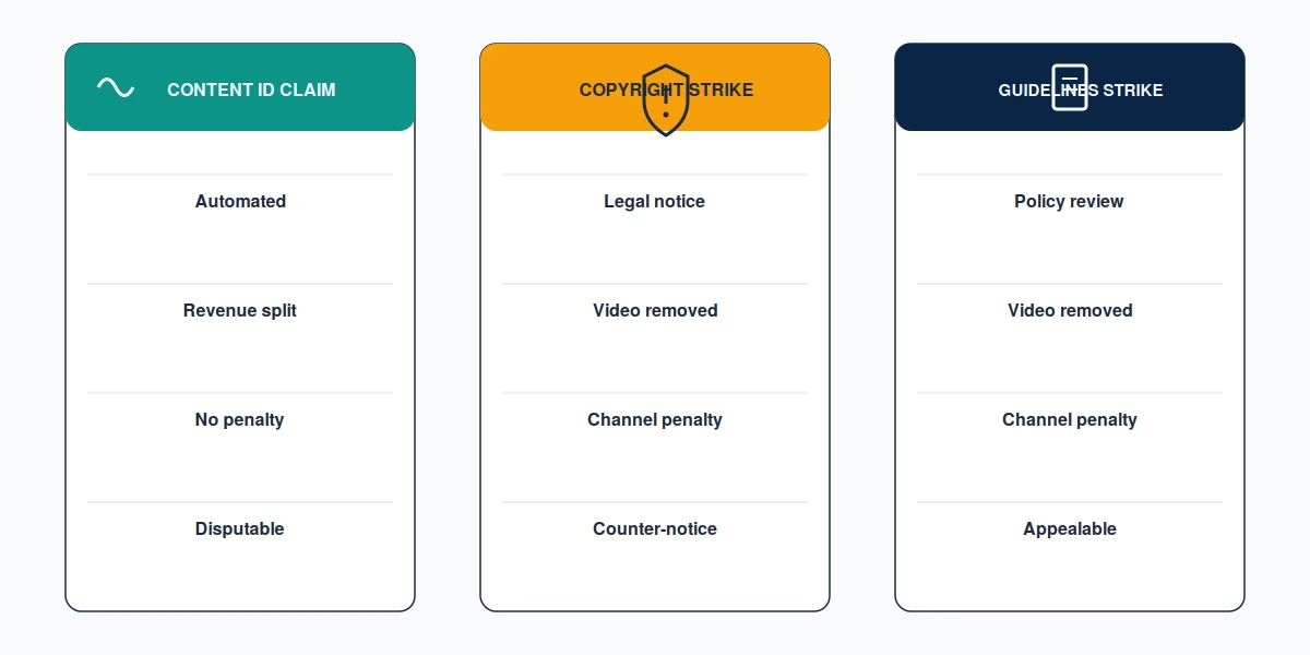 A three-column chart setting content id claim vs copyright strike vs community guidelines strike side by side.