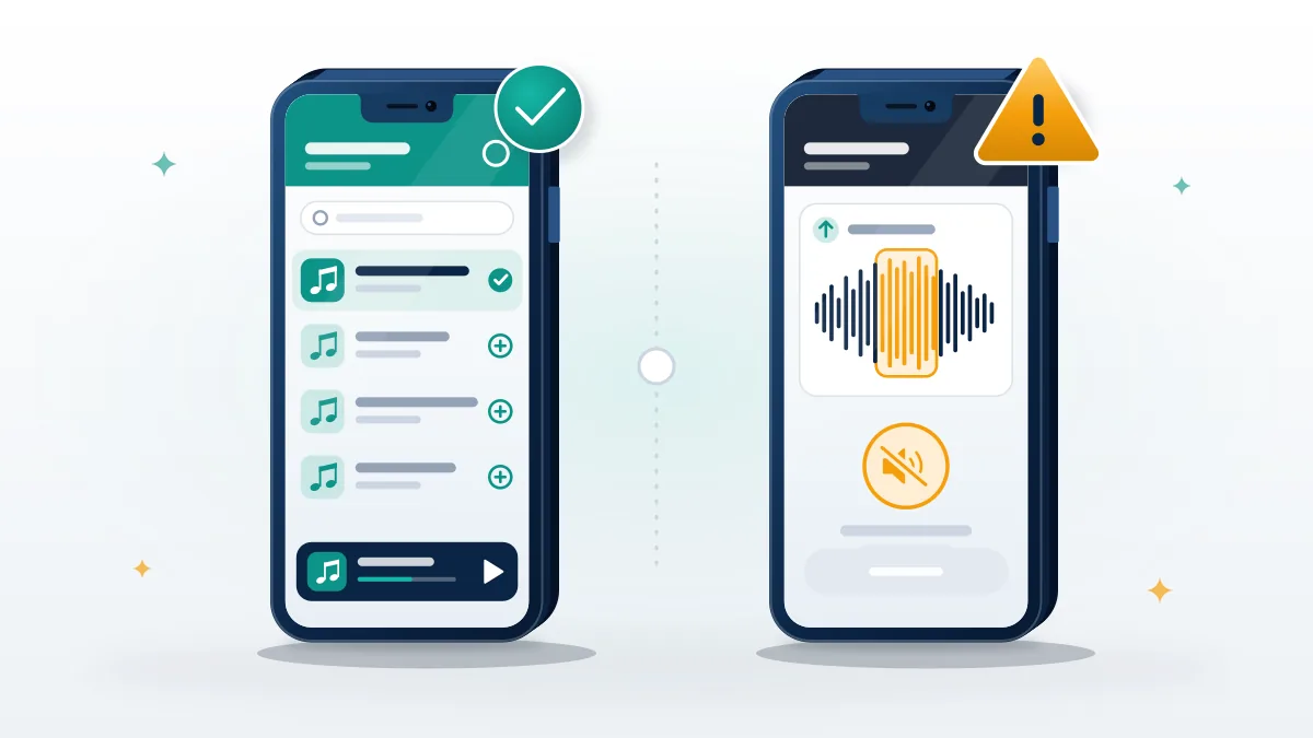 Two phone screens comparing a licensed music library with an uploaded track flagged and muted, explaining copyright for Instagram Reels.