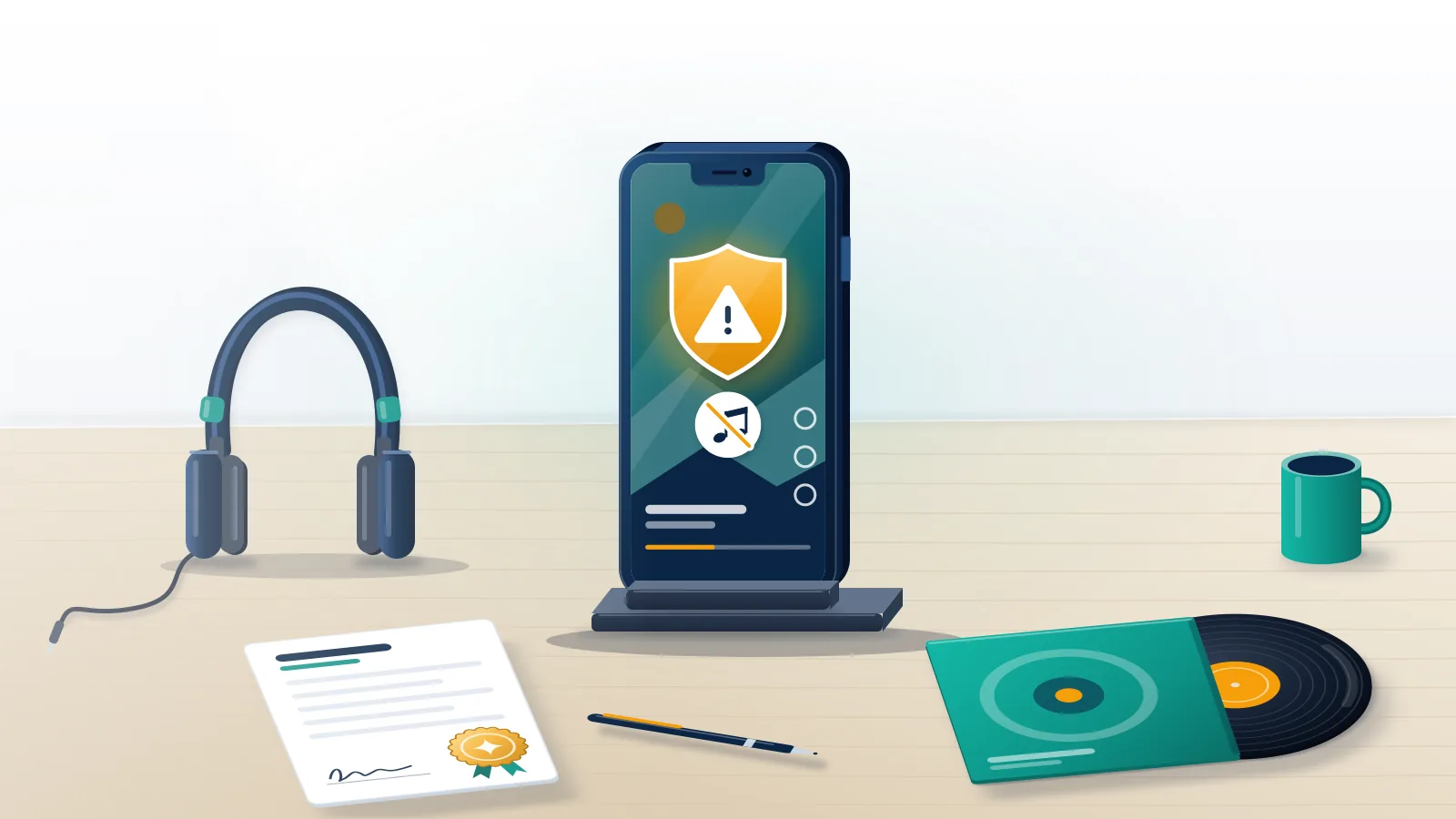 Phone on an oak desk showing a muted reel under an amber warning badge, the moment a copyright strike on Instagram lands.