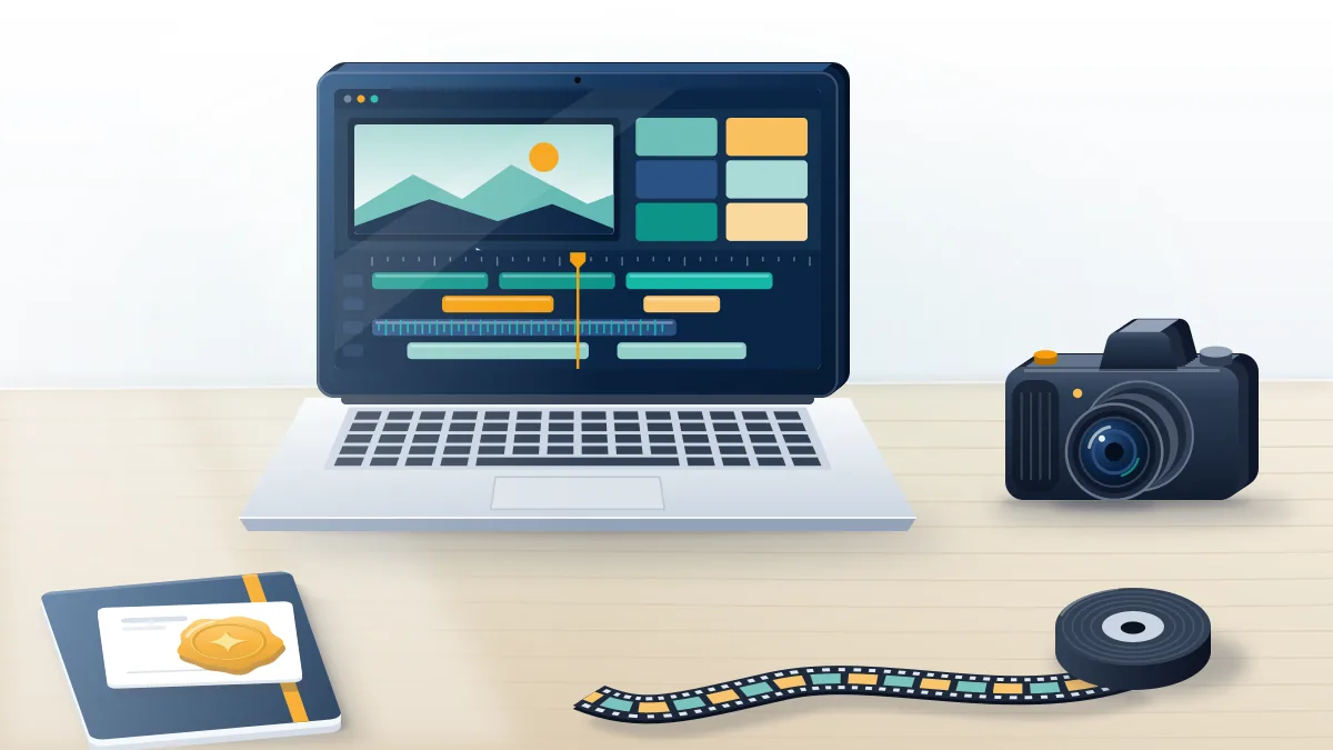 Laptop with a video editing timeline beside a camera and film strip: copyright videos on Instagram start as someone's footage.