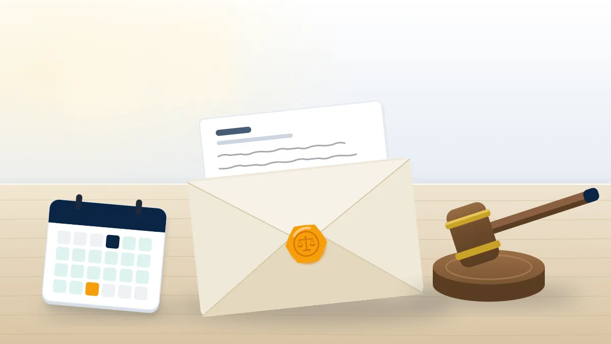 Sealed letter, calendar and gavel on a desk, representing a defamation concerns notice under Australian law.