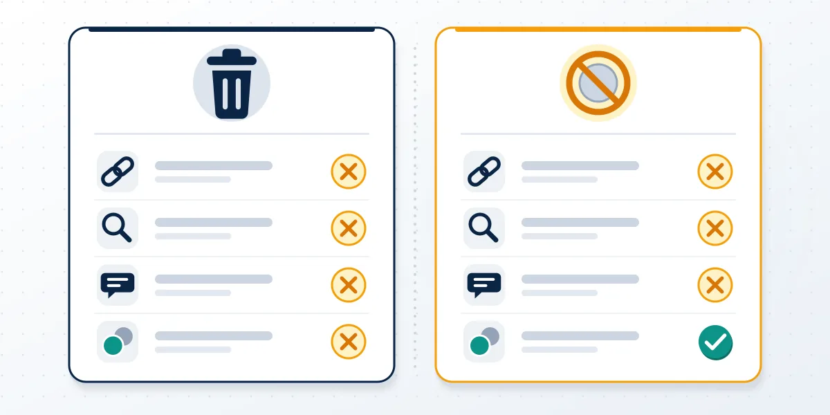 Comparison cards for deleted Instagram account vs blocked: every check fails for a deleted profile, one still passes for a block.