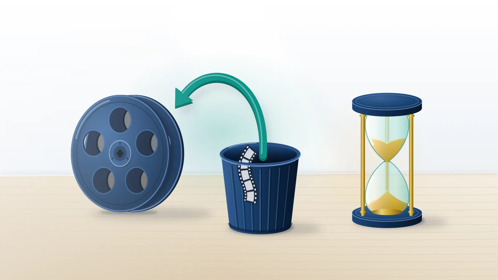 Empty film reel, a bin with a teal restore arrow and a half-run hourglass on an oak table, where deleted YouTube channel recovery starts.