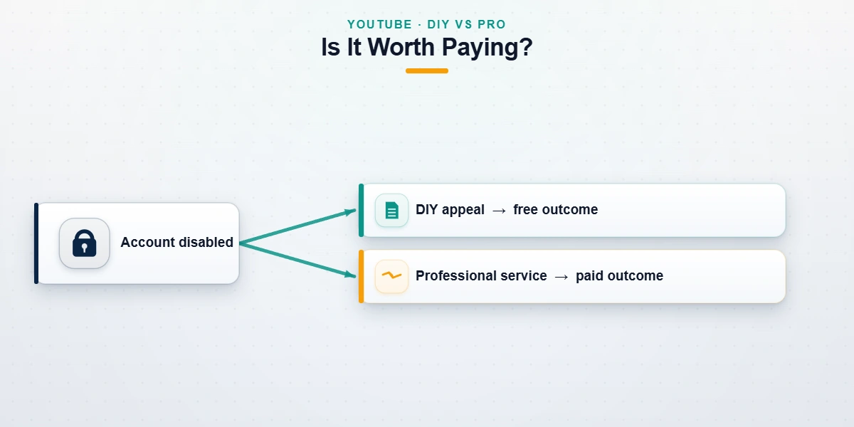 A decision flow showing whether paying a service to recover a disabled YouTube account is worth it versus DIY.