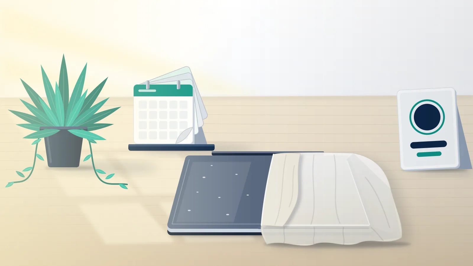 Closed laptop under a dust sheet beside curled calendar pages and an overgrown plant: does Facebook delete inactive accounts?
