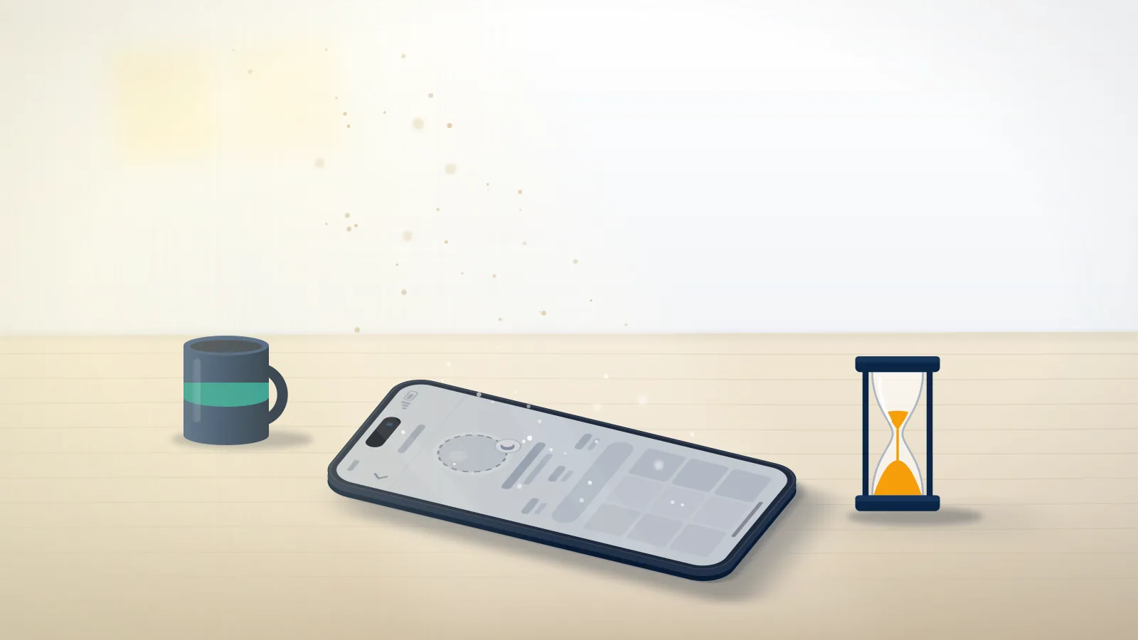 Idle phone on an oak table showing a dimmed profile card beside an hourglass, a dormant account Instagram has not deleted.