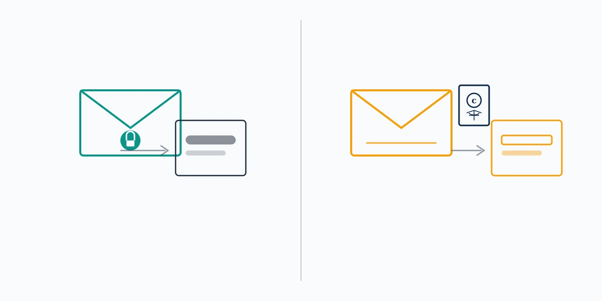 A sealed envelope beside an open signed one, marking the copyright exception where Instagram does show who reports you.