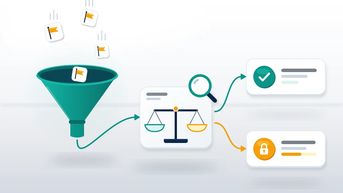 Flags dropping into a review funnel, showing that reporting a TikTok account sends it to moderators rather than deleting it outright.
