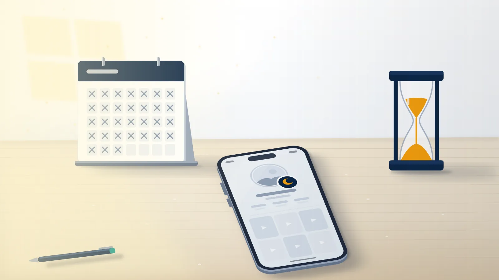 Phone asleep on a desk beside a crossed-off calendar and an hourglass, the scene behind does TikTok delete inactive accounts.
