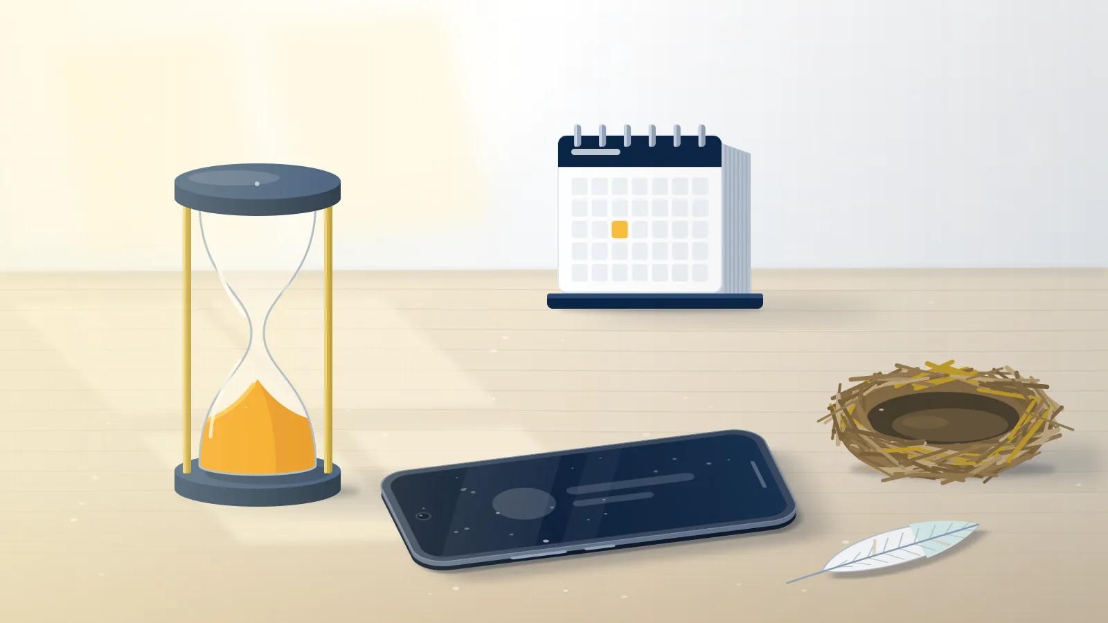 Dark phone beside a run-out hourglass and an empty nest on a desk: does Twitter delete inactive accounts left unused for years?