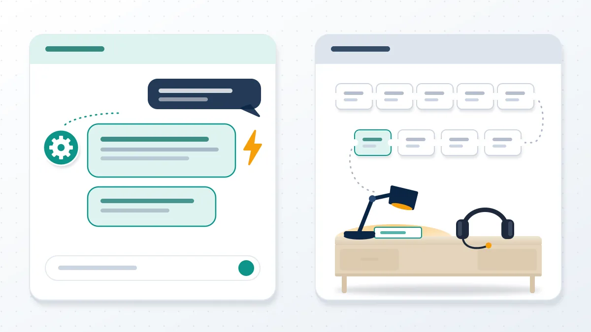 Two lanes, an instant chatbot reply and a ticket queue to a staffed desk, showing whether X has human support.