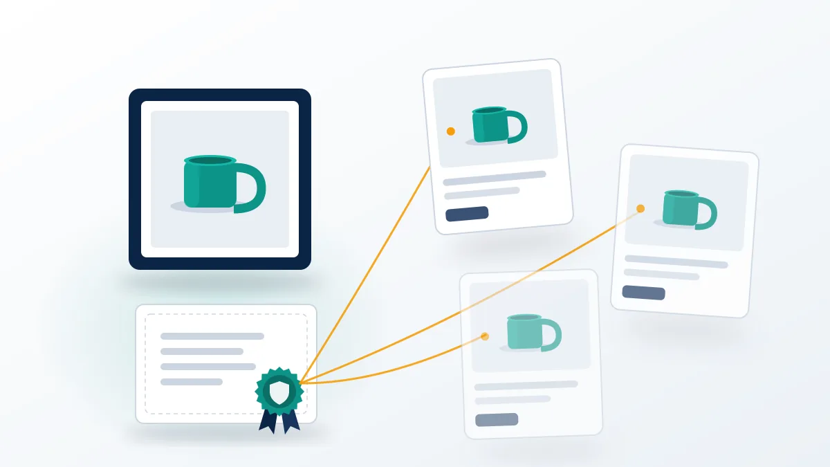 One product photo copied onto three listing cards as a teal-sealed rights certificate traces it back, the idea behind the eBay VeRO program.