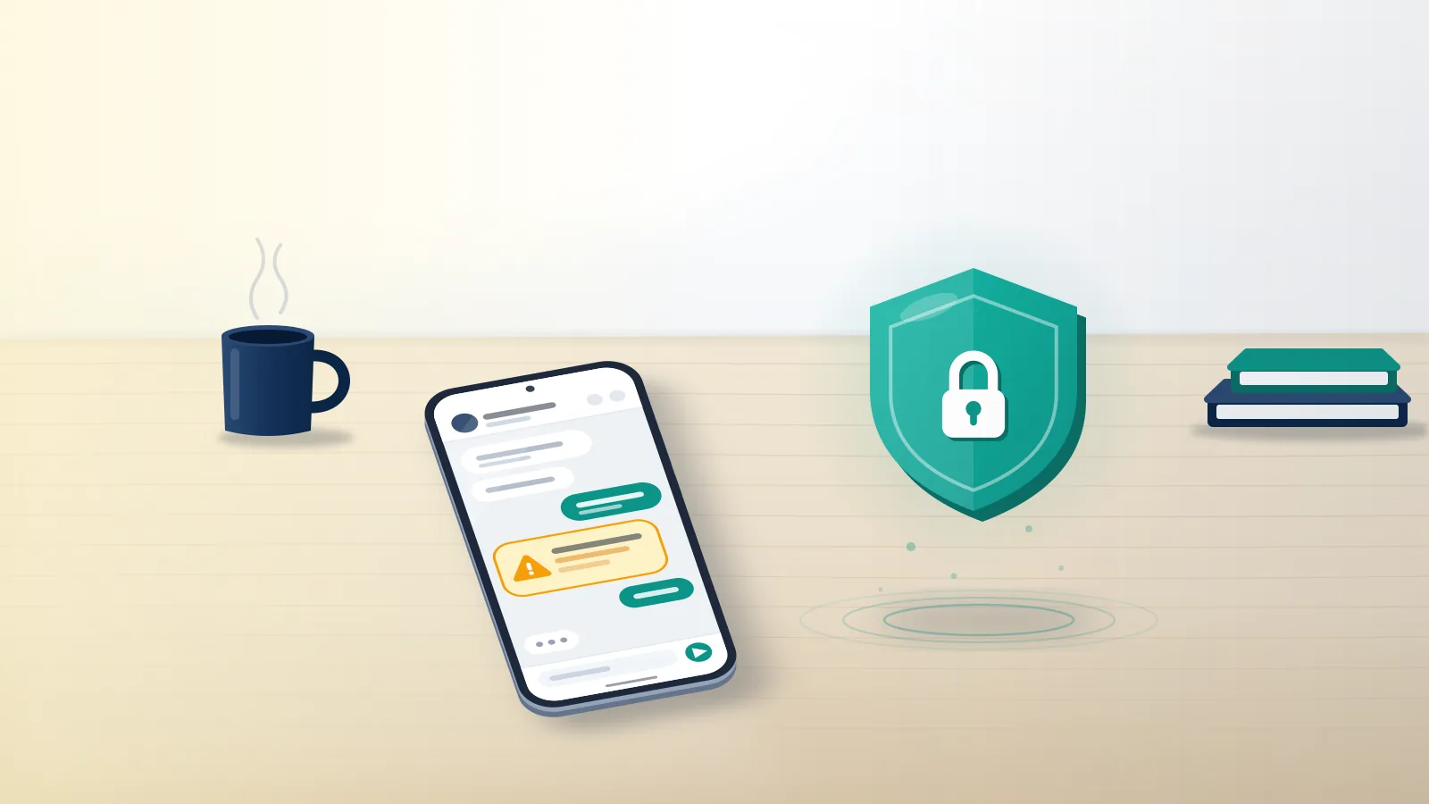 Phone with a flagged Messenger thread beside a teal padlock shield, the first look at Facebook blackmail scams and sextortion.