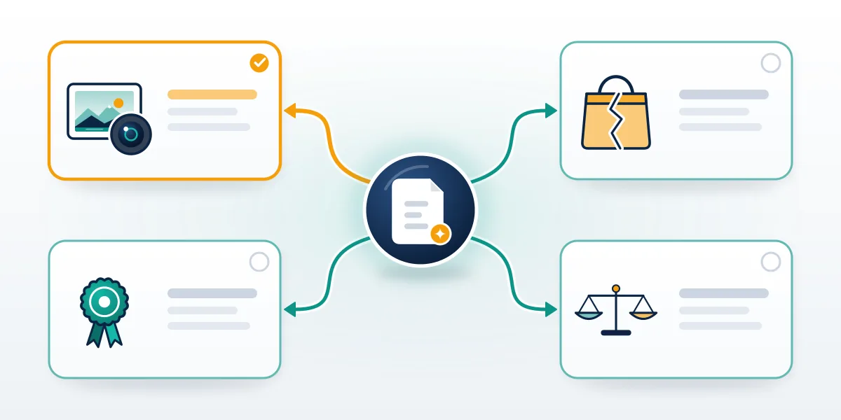 Diagram of four report routes for copyright, trademark, legal removal and a Facebook counterfeit report, one path highlighted.