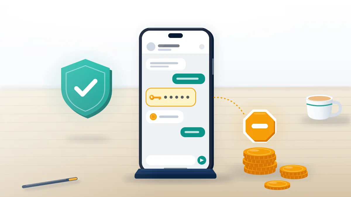 Phone with a chat asking for a password beside coins under a warning badge, a scam offer to delete a deceased person's Facebook account.