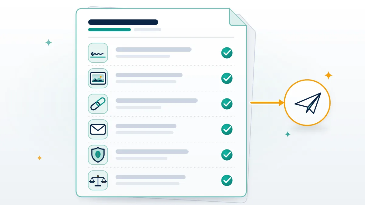 Checklist card showing the six elements every Facebook DMCA takedown request needs, from signature to accuracy statement.