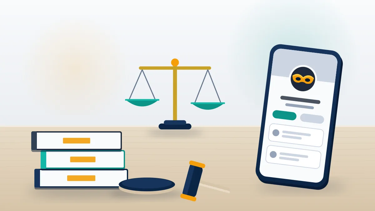 Gavel, scales and law books beside a phone with a masked profile, showing when Facebook impersonation crime laws apply.