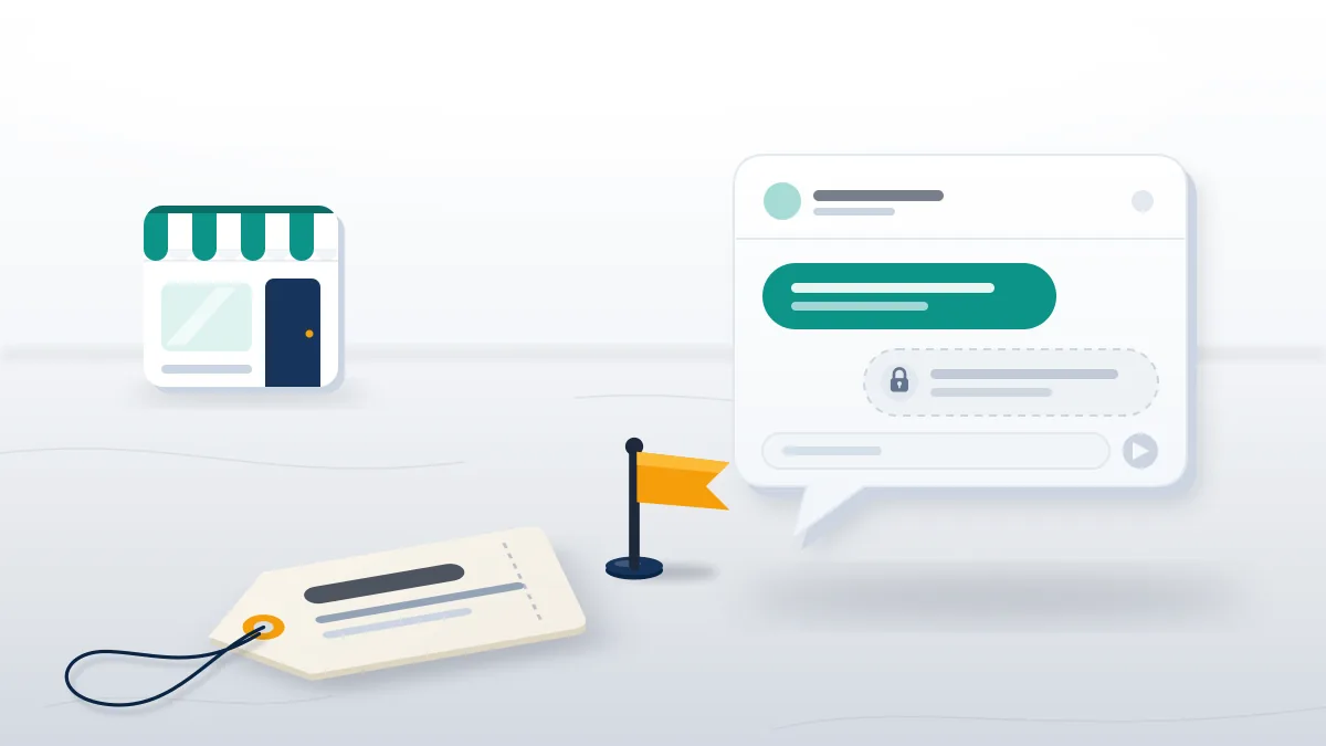 Shopping tag and chat bubble beside a flag, showing what happens if someone reports you on Facebook Marketplace or Messenger.