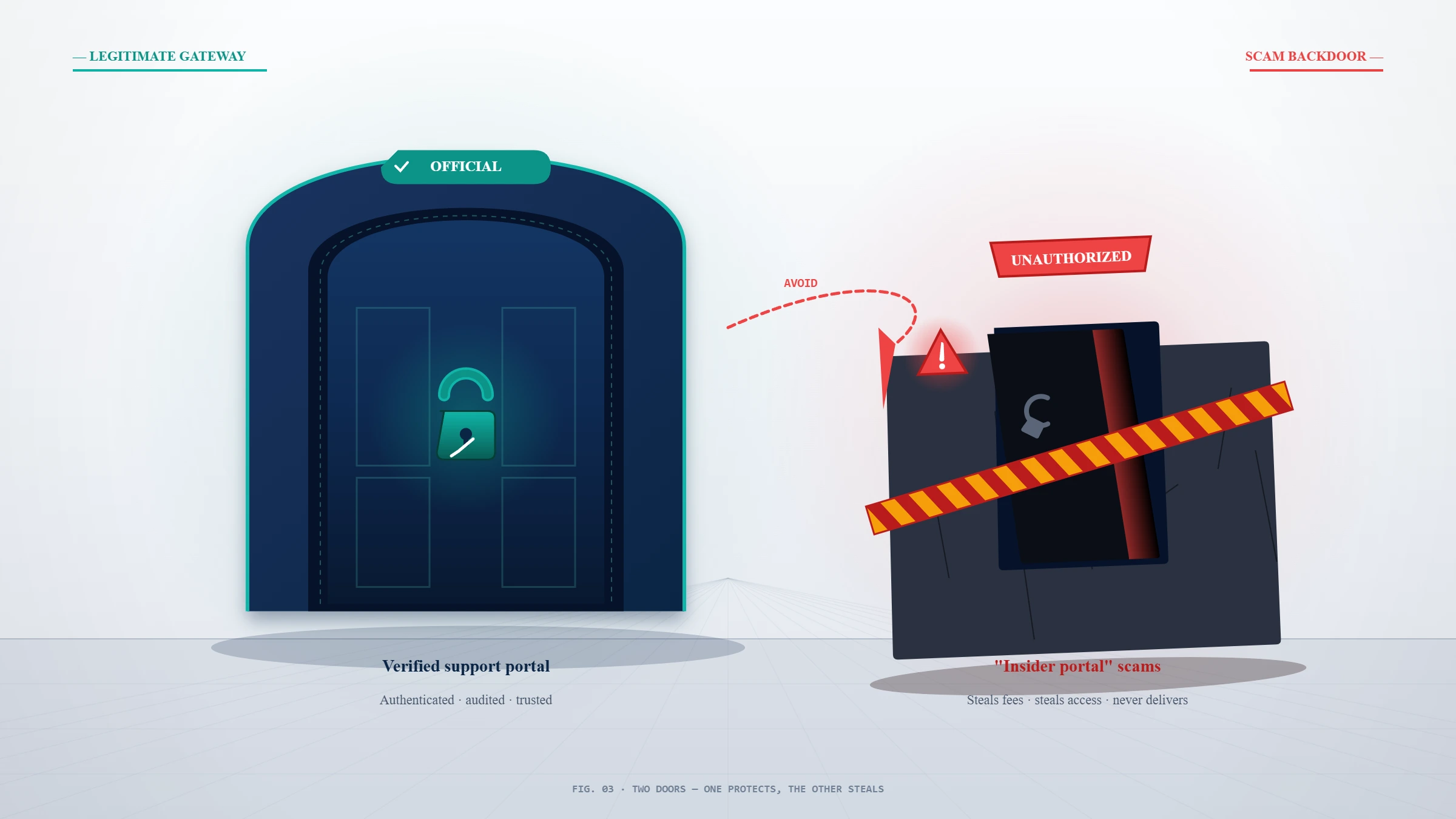 Conceptual illustration warning that the Facebook media portal claim username route is a non-public Meta backdoor exploited by scams.