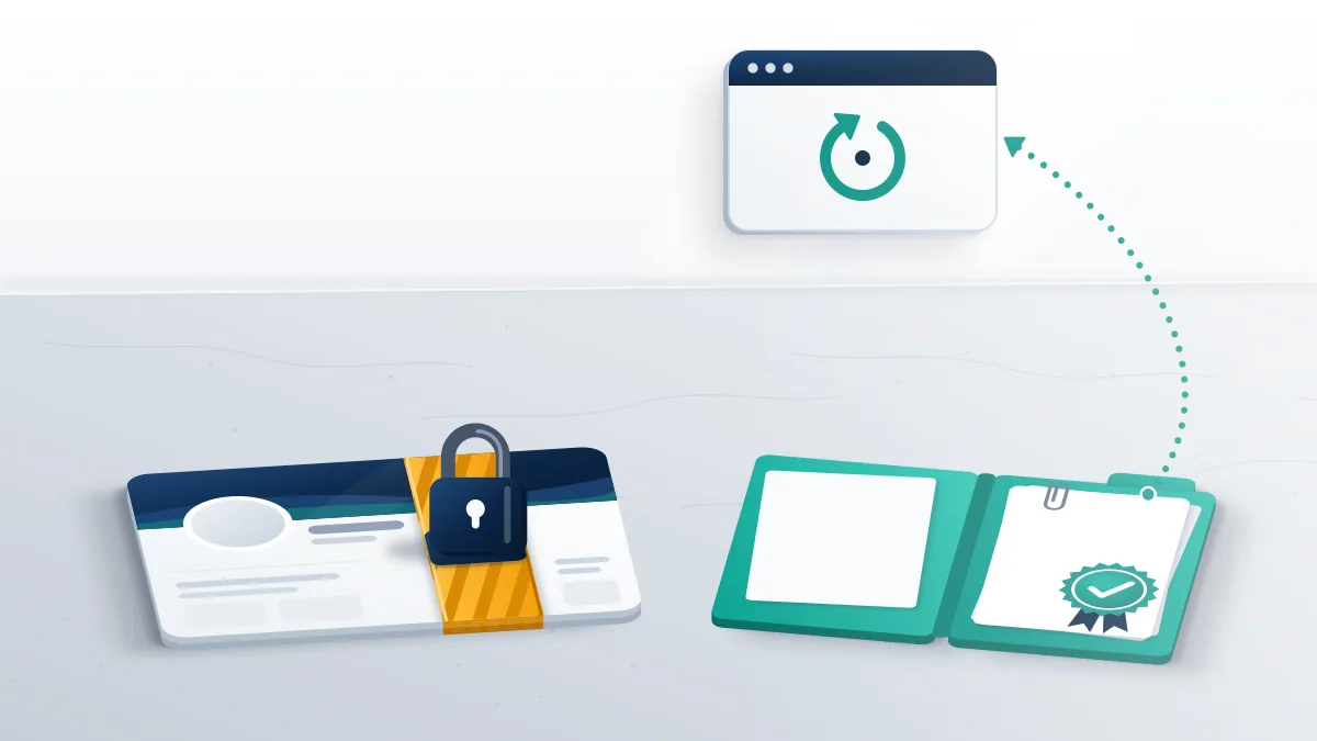 A padlocked Page cover card beside a proof folder, the evidence route when a Facebook Page suspended for impersonation is appealed.