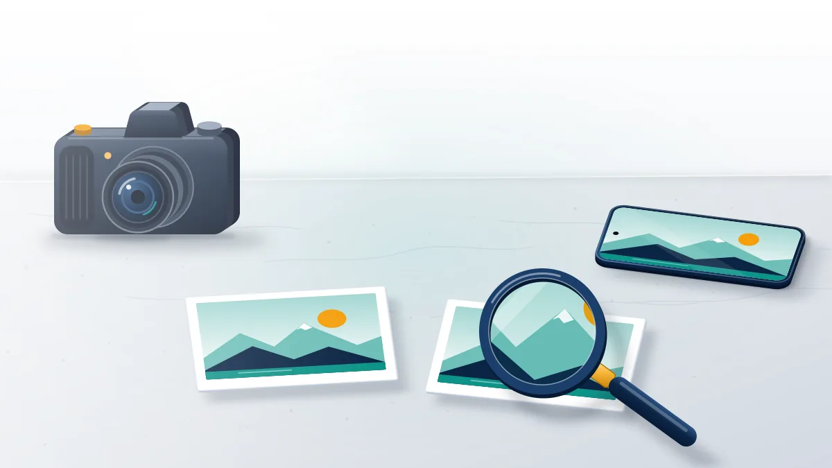 Original photo print beside a reposted duplicate under a loupe, illustrating a Facebook photos copyright dispute.