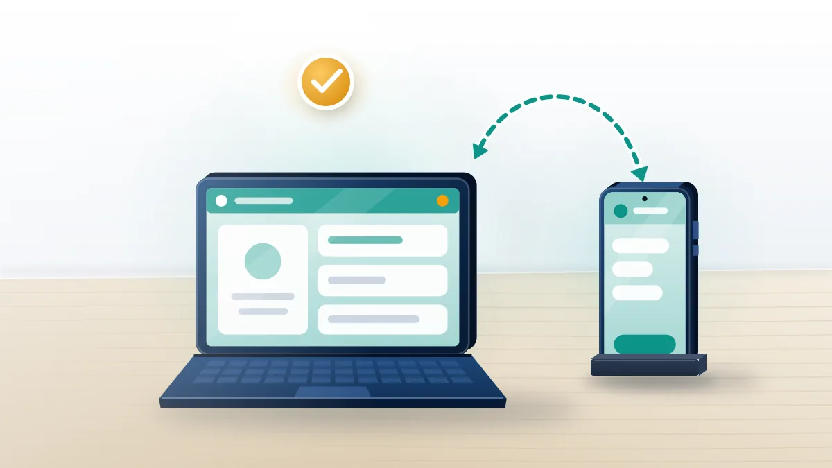Logged-in laptop syncing with a phone on an oak desk, the trusted-device route for facebook recovery log into my account.