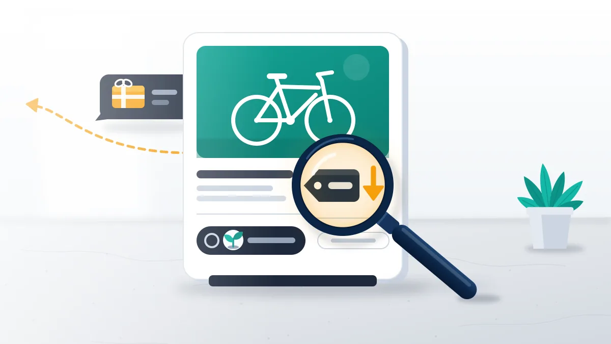 A magnifier over a listing card finds a too-cheap price tag and an off-platform payment ask, clues for a Facebook scam report.