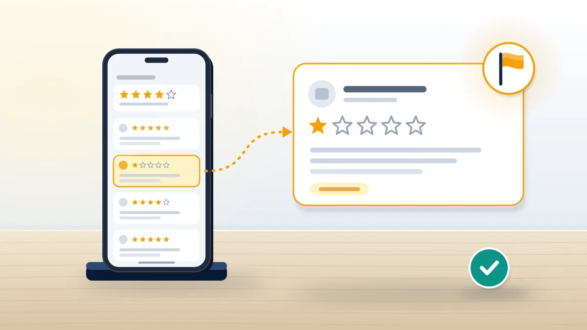 Phone showing a low-star review card with a flag icon, illustrating a fake negative review removal request.