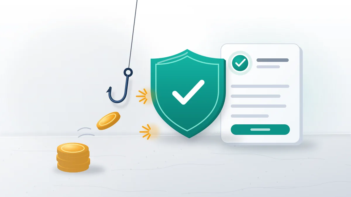 Teal shield deflecting a fishing hook and coins, a warning that free facebook account recovery through official routes beats paid scams.