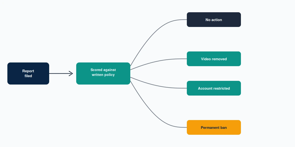 Diagram routing how to get someone else's tiktok account delete requests through TikTok's four possible report outcomes.
