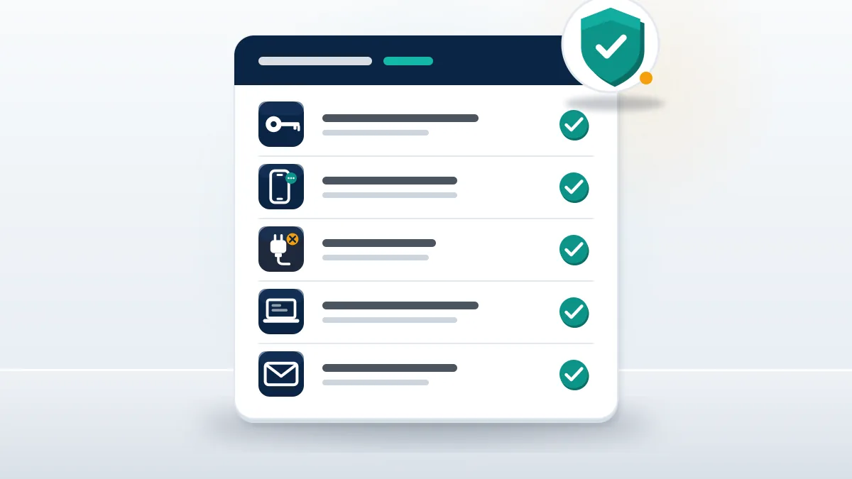 Checklist card with key, authenticator, revoked app, sessions and email rows plus a shield badge, the lockdown after a hacked x account.