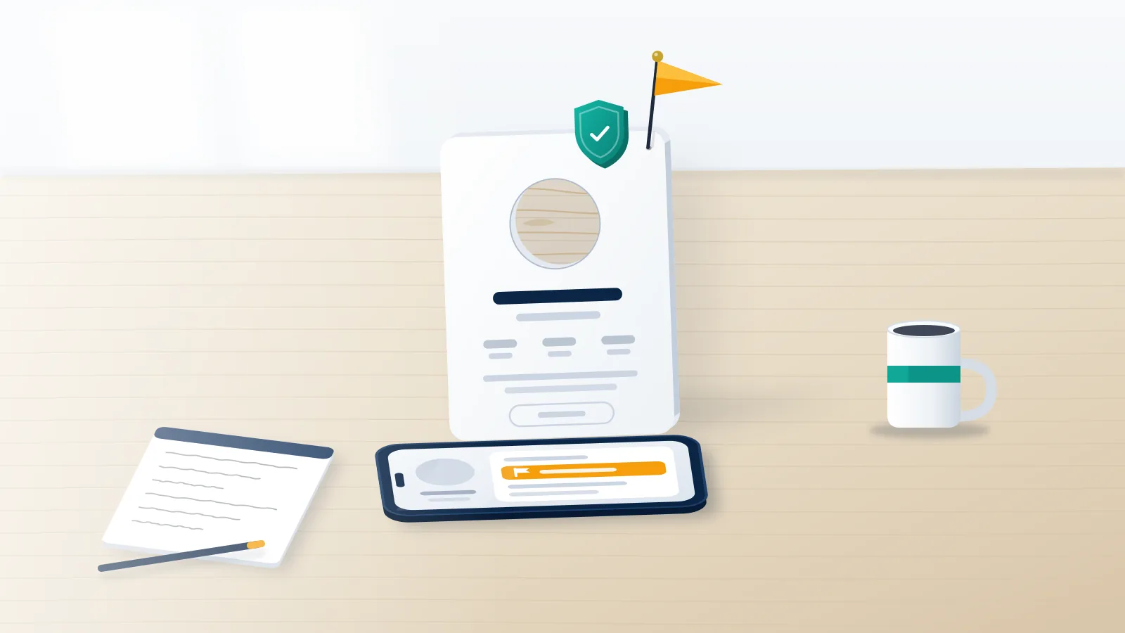 Profile card with a hollow avatar leaning on a phone and flagged in amber, the first move to report a fake Facebook account.