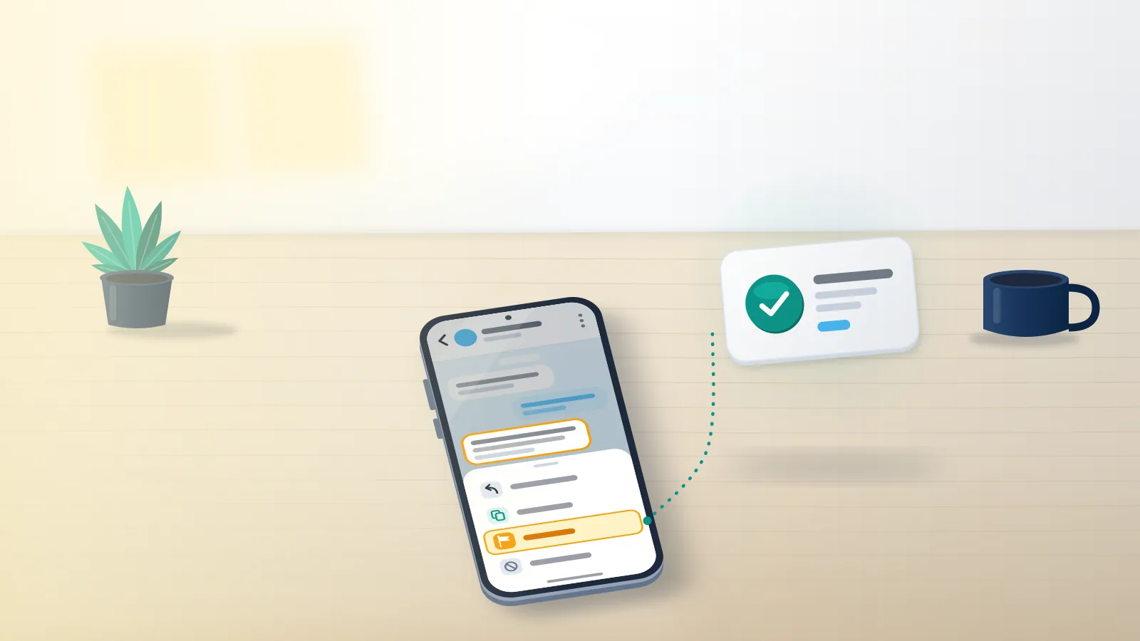 Phone on an oak desk with the Report action highlighted in a chat, showing how do I report someone on Telegram.