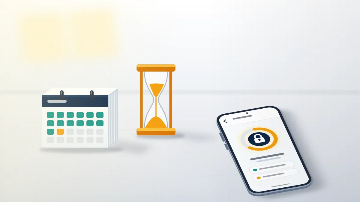 Desk calendar, hourglass and locked phone illustrating how long are TikTok accounts suspended for under feature limits and bans.